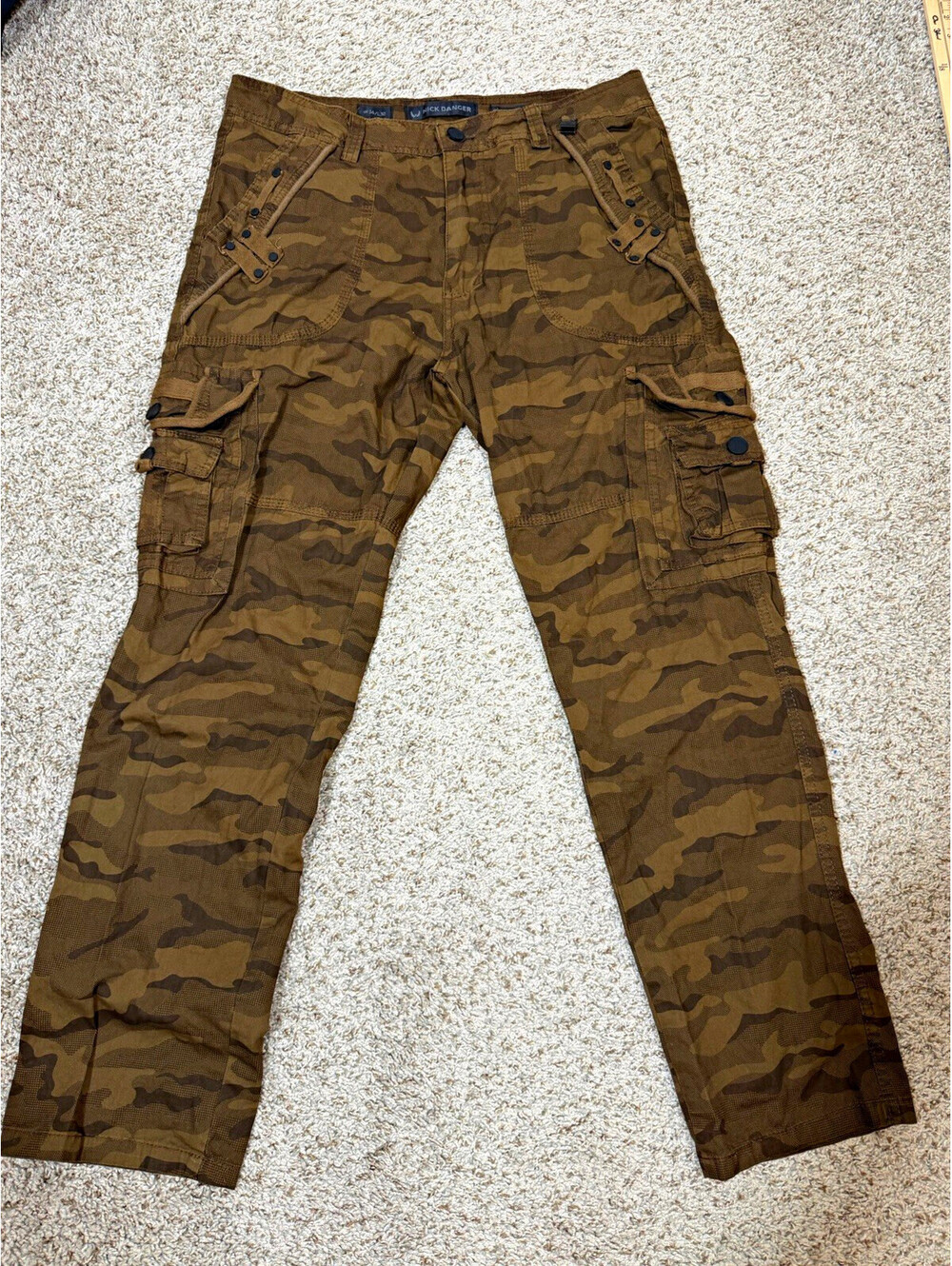 Nick Danger Brown Camo Cargo Pants 34x29 Y2K Multi Pocket Utility Streetwear